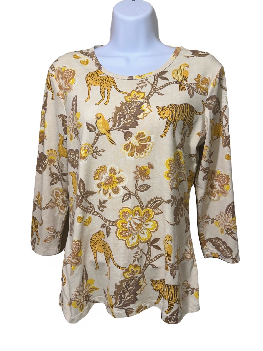 J.McLaughlin Tiger & Cheetah Floral Parrot Jungle Print 3/4 Sleeve Top Medium